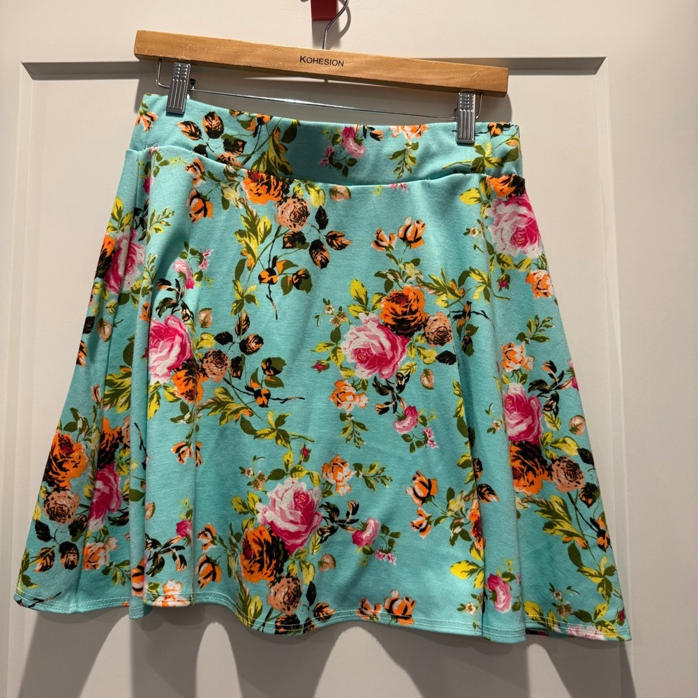 Cottagecore Coquette River Island Floral Skater Mini Skirt L Aqua Rose